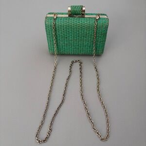 Vintage MISTIQUE Green Woven Raffia Clutch Purse Chain Strap Party Evening